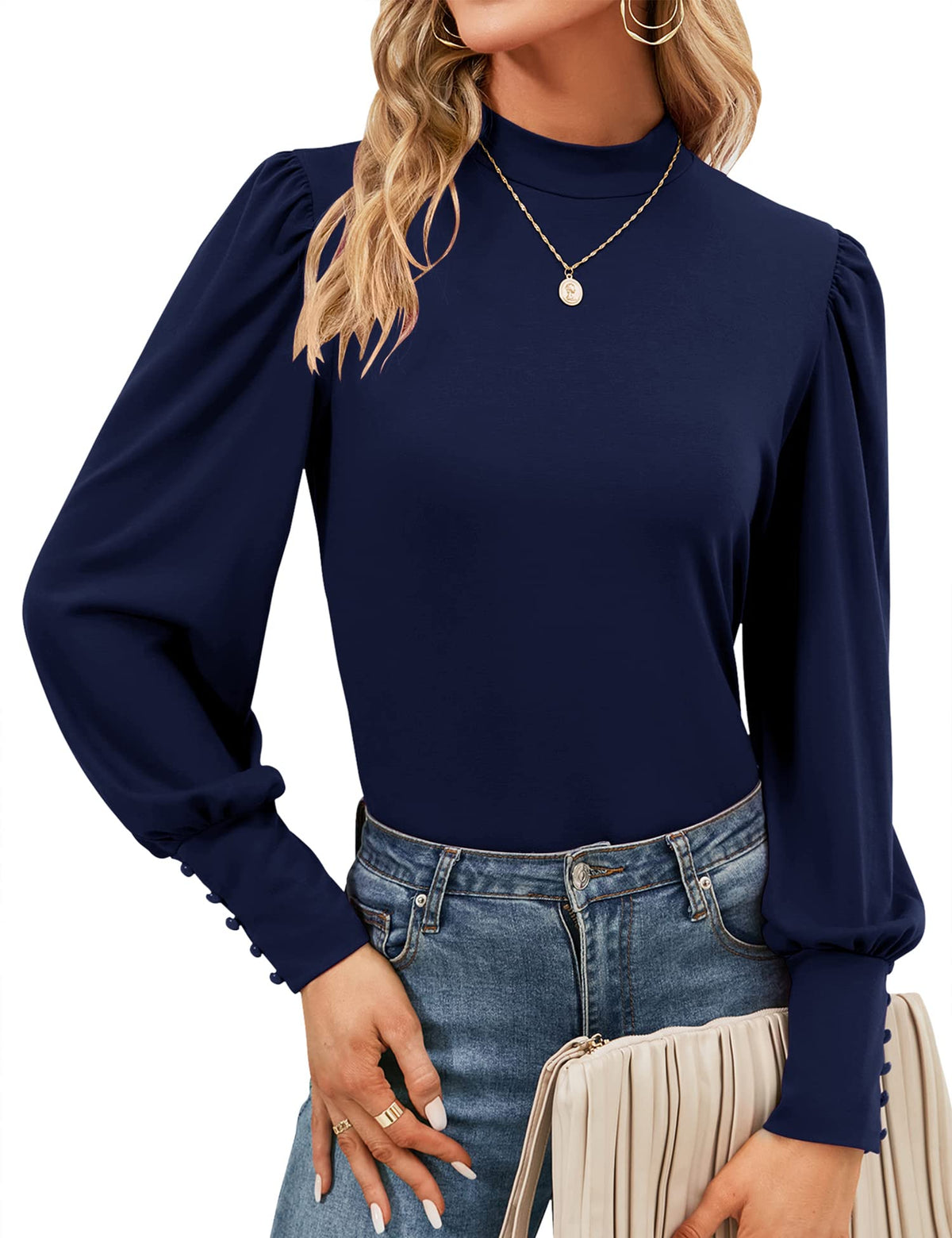 Mock Neck Tops for Womens Turtleneck Puff Long Sleeve Shirts Blouses
