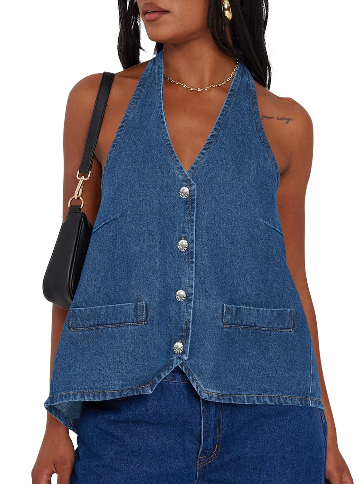 Tankaneo Womens Halter Denim Vest Top Summer Sleeveless Open Back Waistcoat