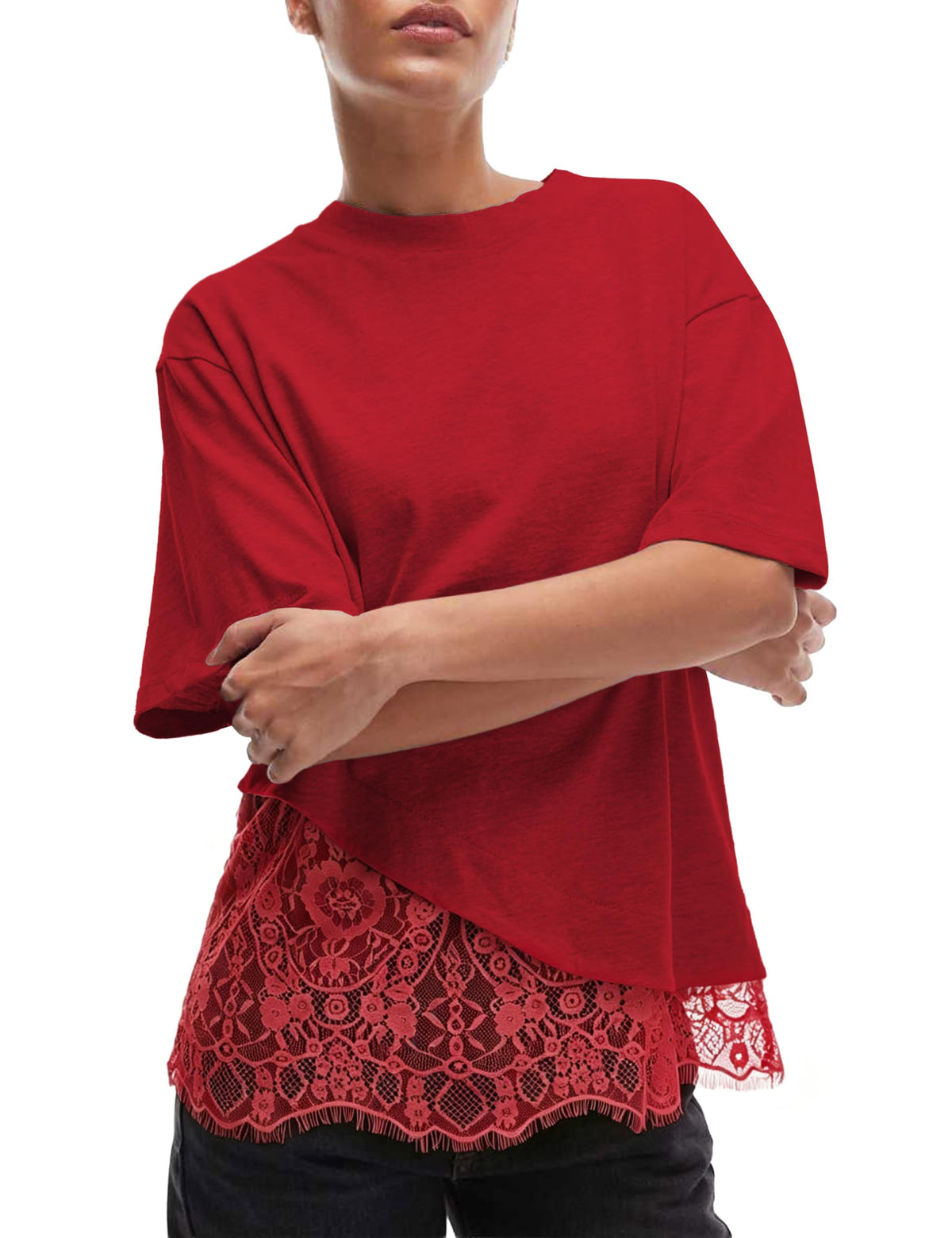 Womens Lace Patchwork Tops Casual Short Sleeve Cotton T Shirts