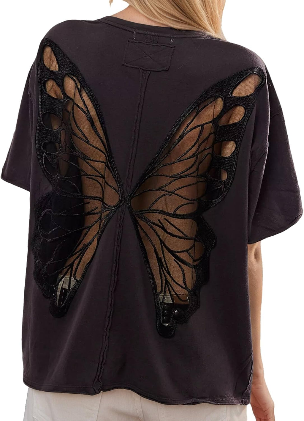 Women's Gothic Sheer Butterfly T Shirts Short Sleeve Goth Top Oversized Tee