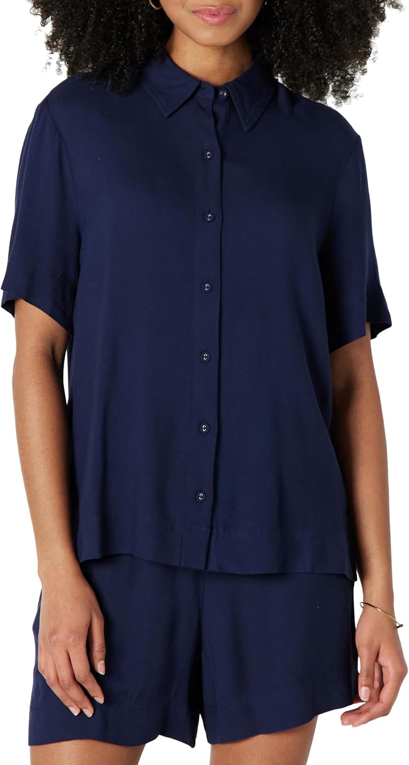 Amazon Essentials Women's Relaxed-Fit Fluid Twill Button-Down Shirt (Short Sold Separately)