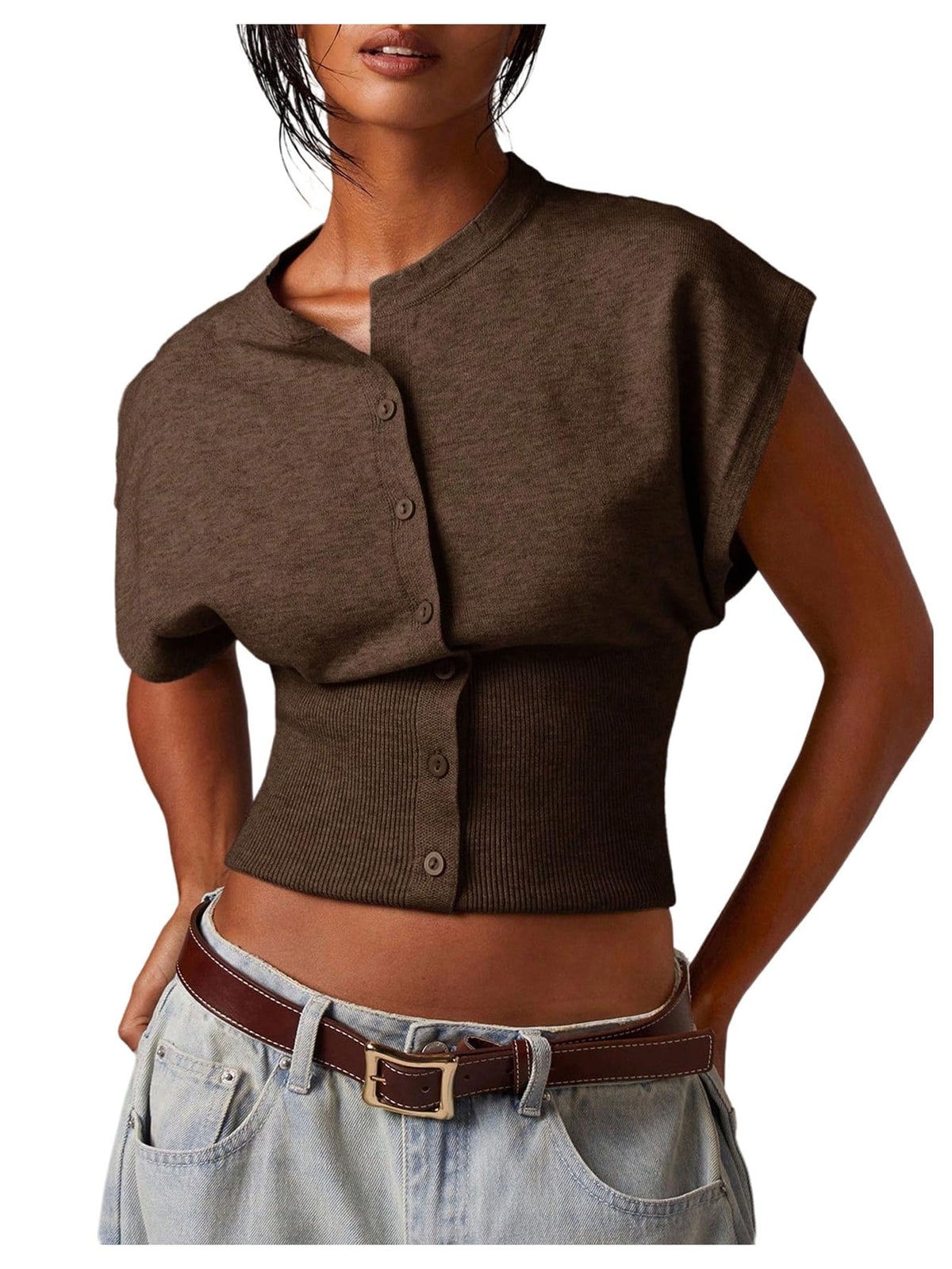 SHENHE Women's Cap Sleeve Button Up Sweater Sleeveless Knit Vest Crop Top