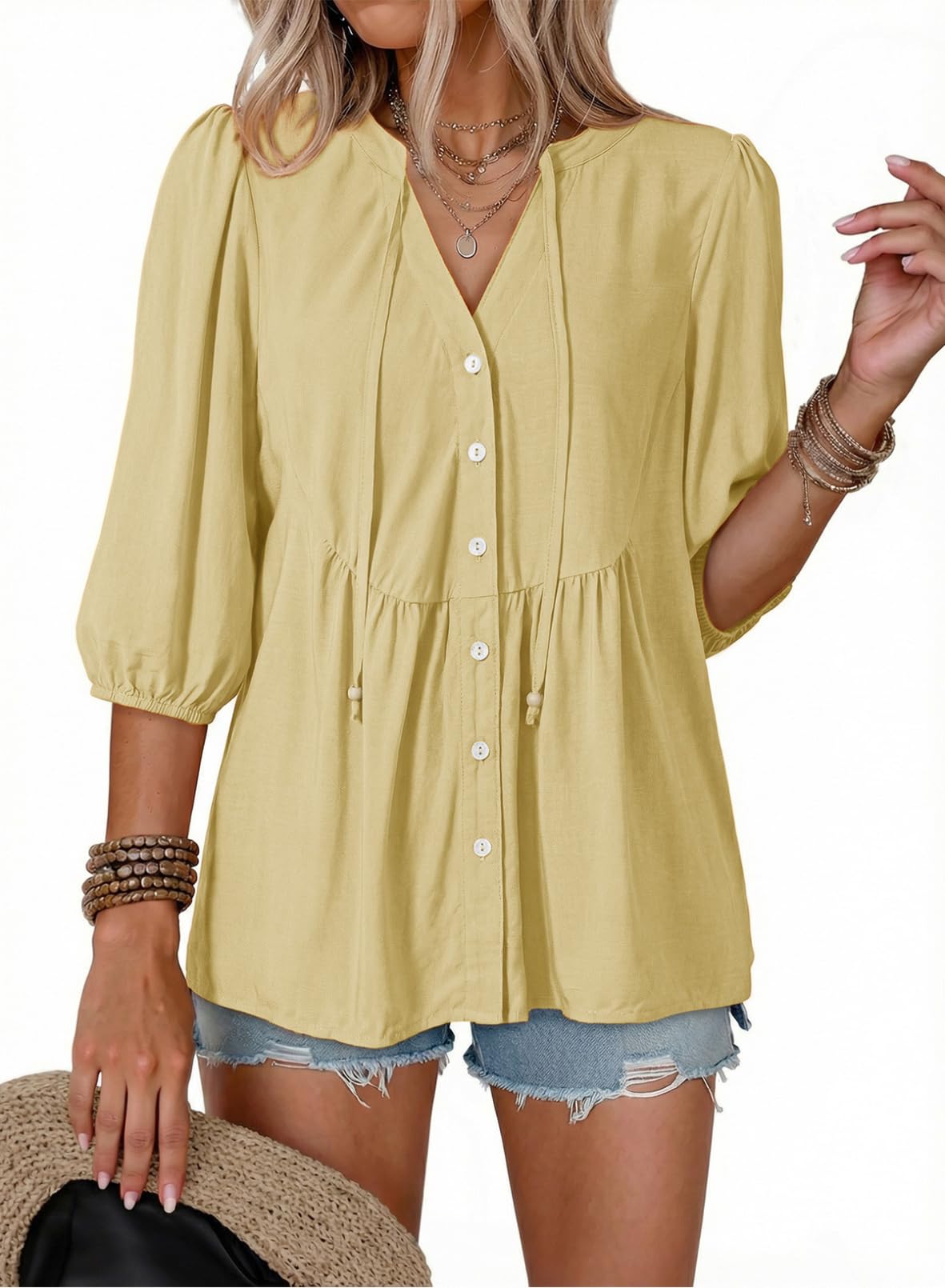 Dokotoo Womens Tops Boho Button Down V Neck Peplum Babydoll Blouses Shirts