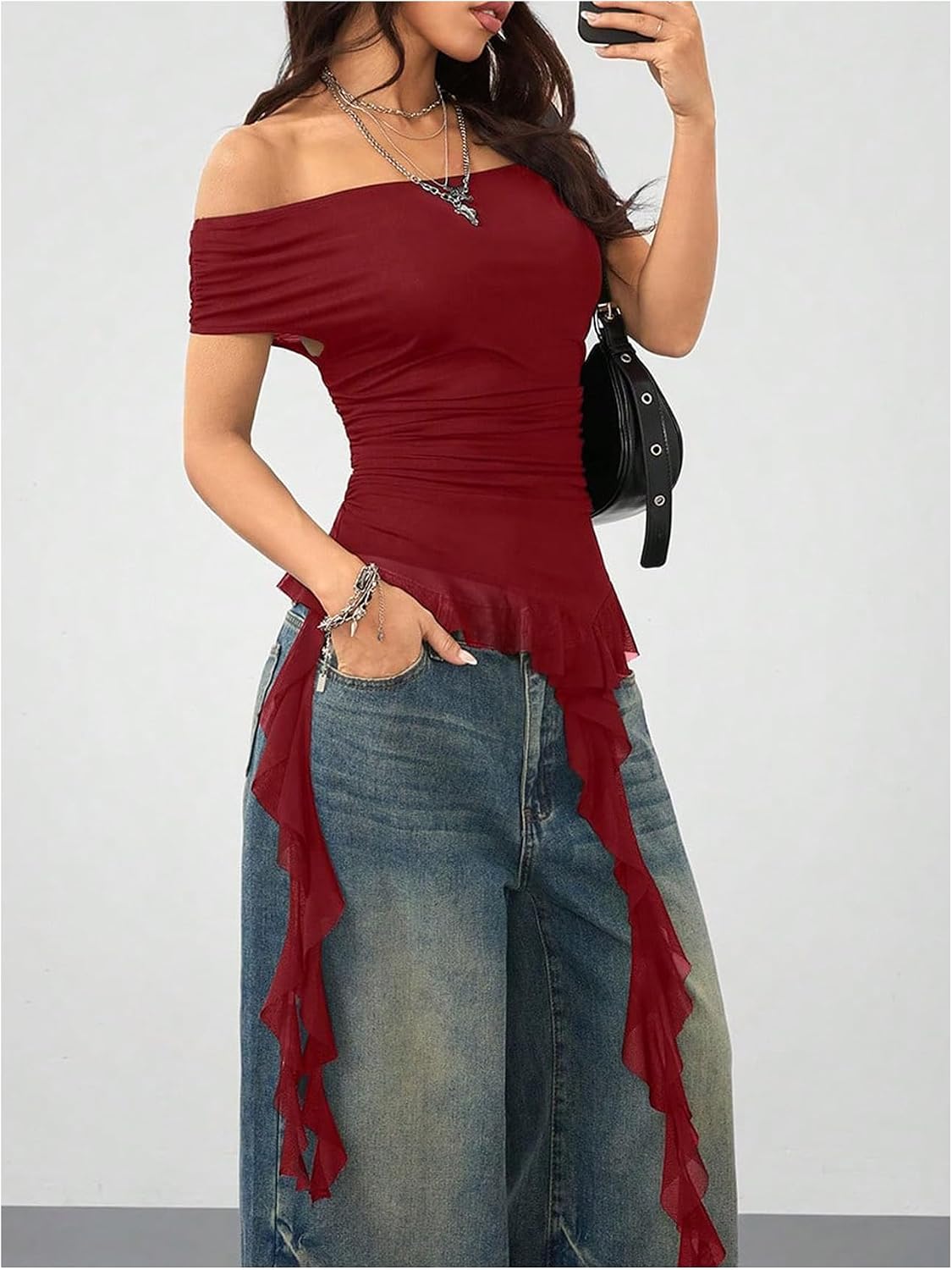 SweatyRocks Women's Off The Shoulder Asymmetrical Top Y2k T Shirts