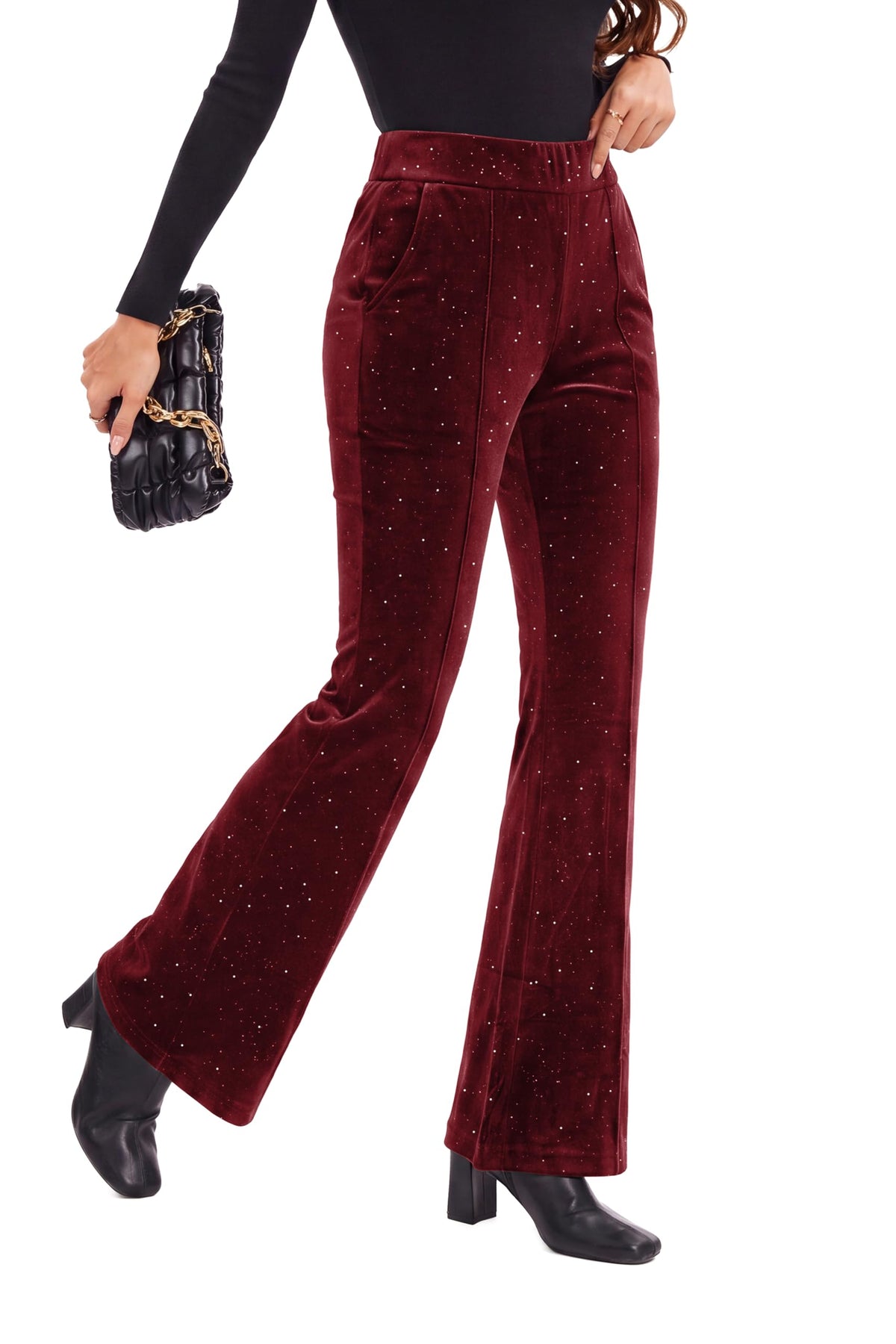 FUNYYZO Velvet Pants Women Flare Pull On Elastic Waist Holiday Outfits