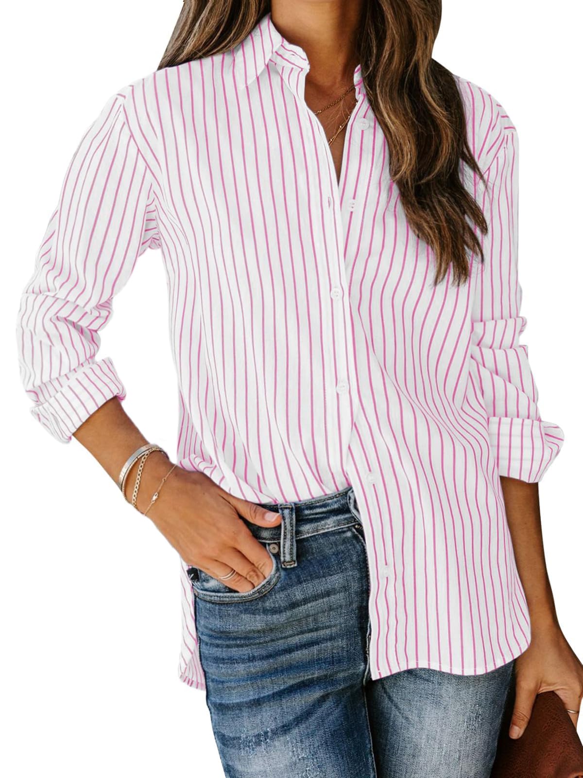 siliteelon Striped Button Down Shirts Women Cotton Long Sleeve Work Blouses