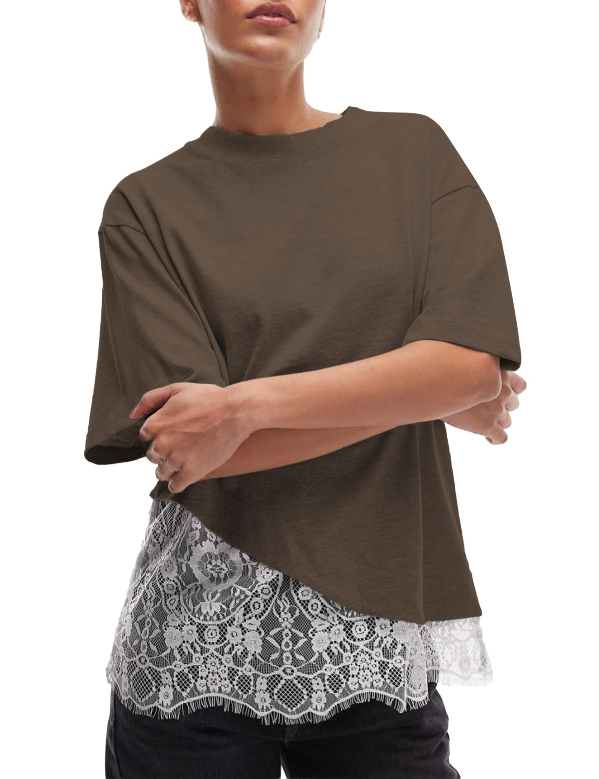 Womens Lace Patchwork Tops Casual Short Sleeve Cotton T Shirts