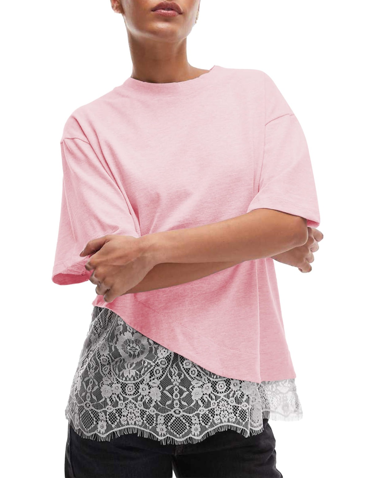 Womens Lace Patchwork Tops Casual Short Sleeve Cotton T Shirts