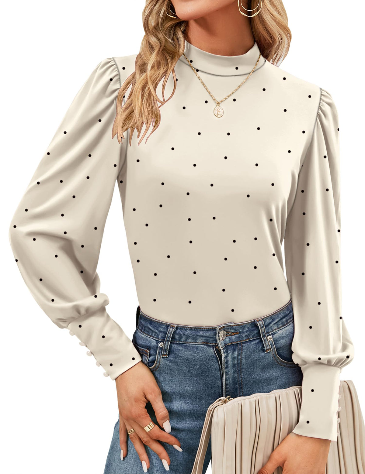 Mock Neck Tops for Womens Turtleneck Puff Long Sleeve Shirts Blouses
