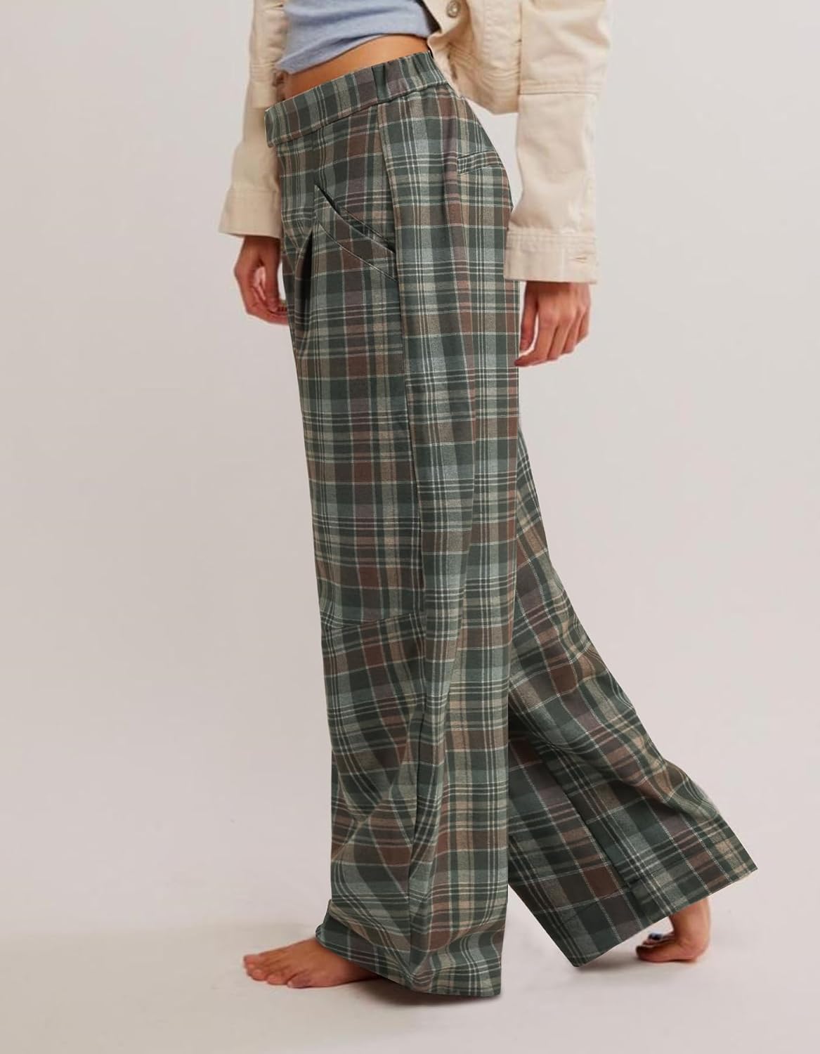 Kedera Women's Plaid Wide Leg Pants High Waisted Baggy Trousers Work Slacks