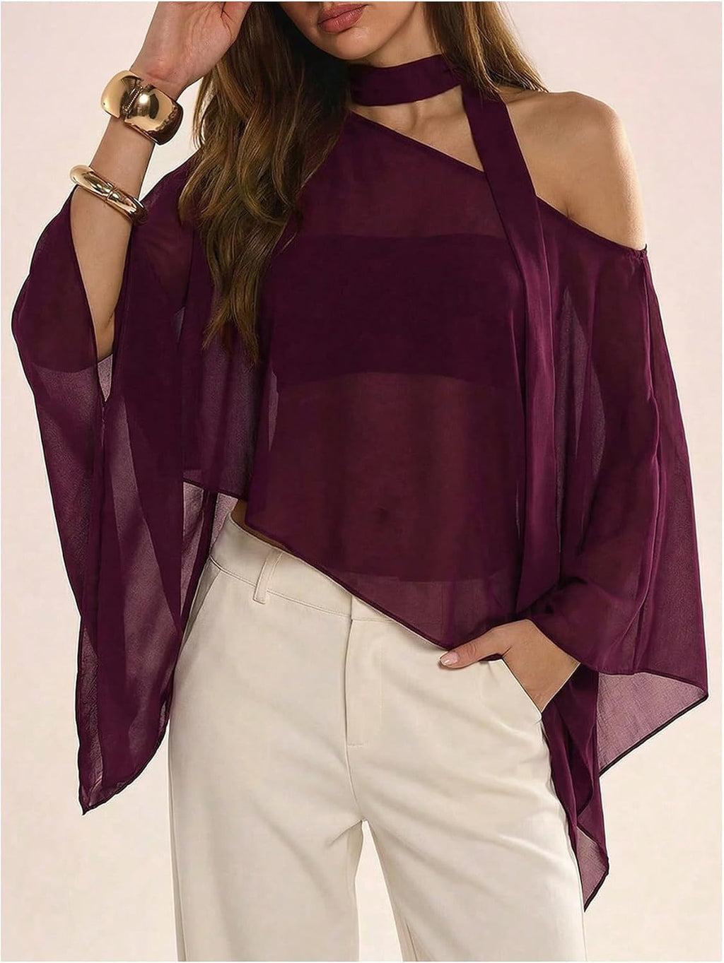 WDIRARA Women's Poncho Top Off The Shoulder Tops Y2k Flowy with Scarf