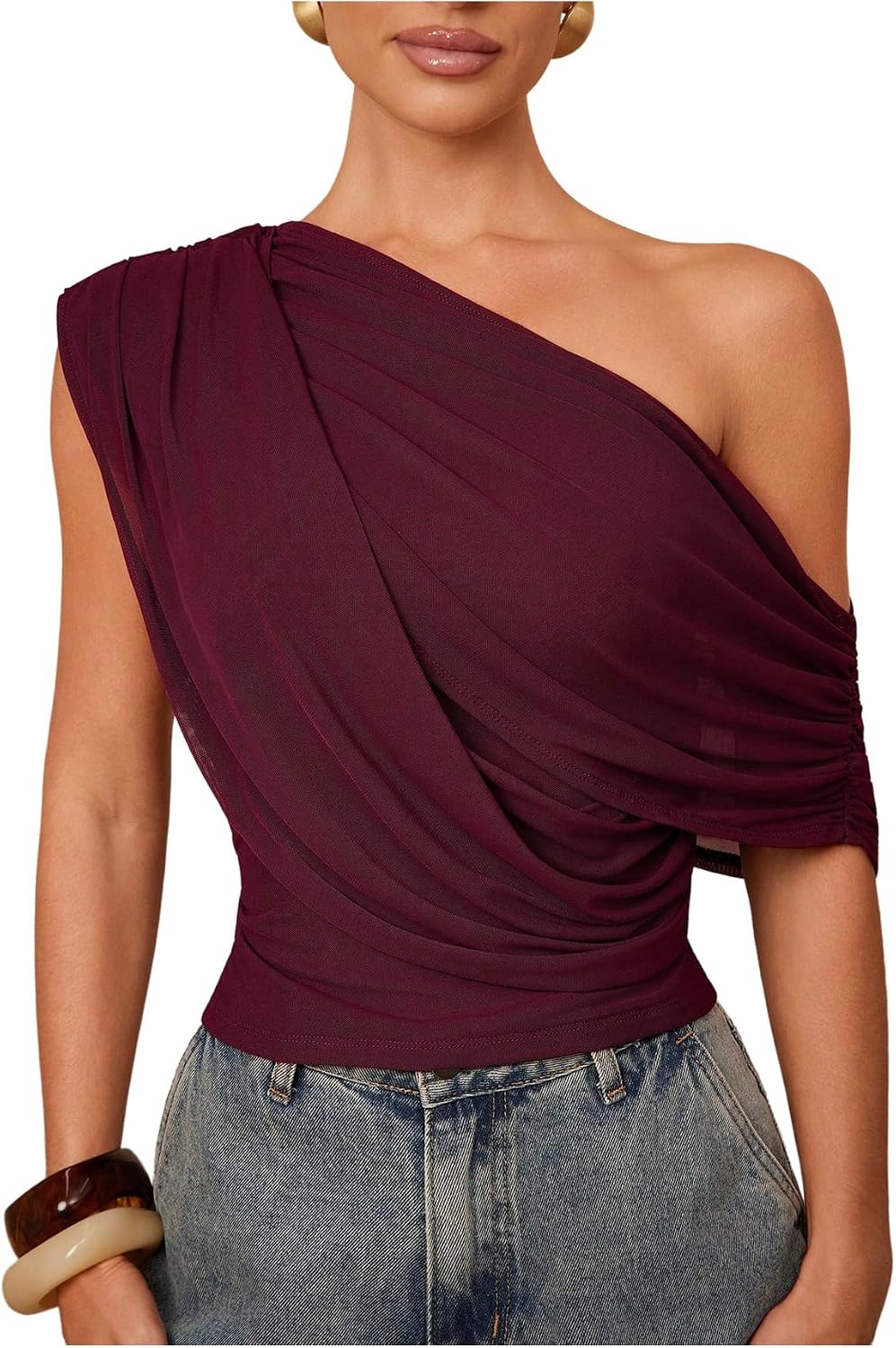Milumia Women's Off The Shoulder Ruched Draped Mesh Asymmetrical Crop Tops