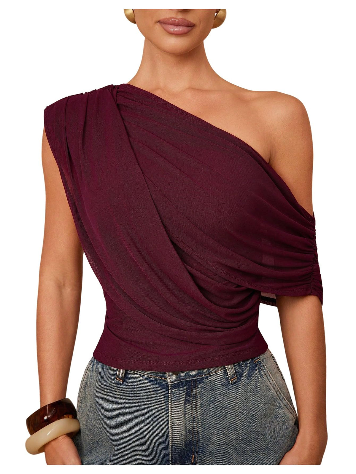 Milumia Women's Off The Shoulder Ruched Draped Mesh Asymmetrical Crop Tops