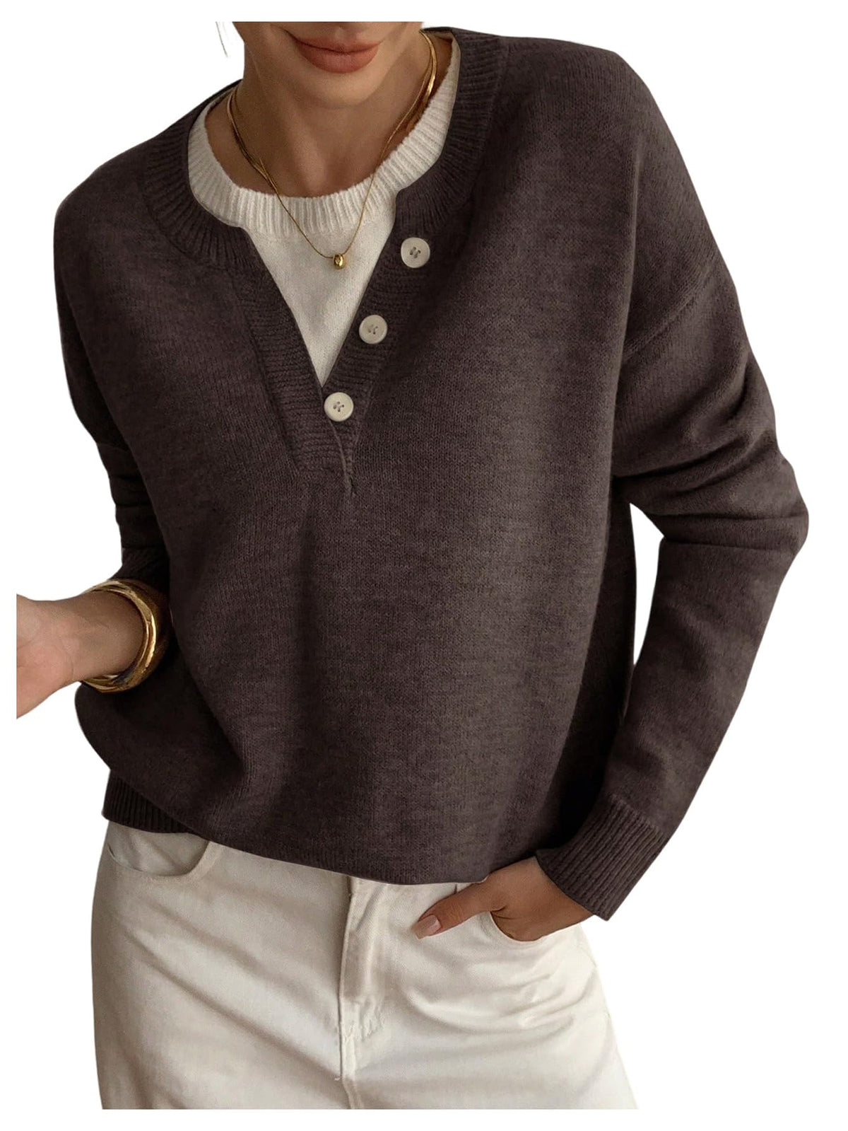 SOLY HUX Pullover Henley Sweaters for Women Long Sleeve Business Casual Top