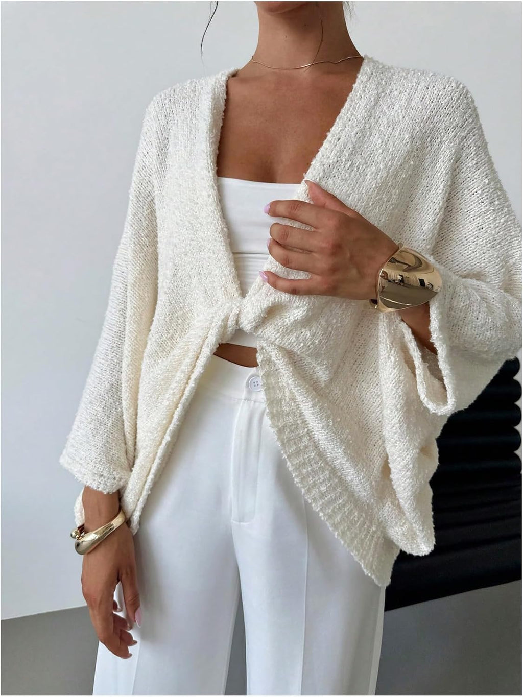 GORGLITTER Women's Oversized Fall Wrap Sweater Cropped Bat Wing Knit Tops