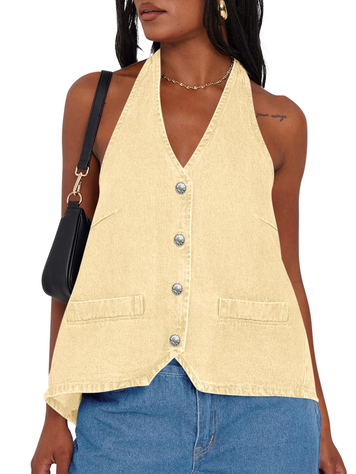 Tankaneo Womens Halter Denim Vest Top Summer Sleeveless Open Back Waistcoat