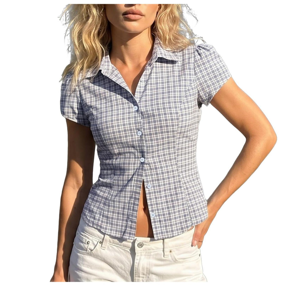 Women Short Sleeve Plaid Button Up Shirt Y2K Button Down Collared Blouse Summer Vintage Slim Fit Gingham Top
