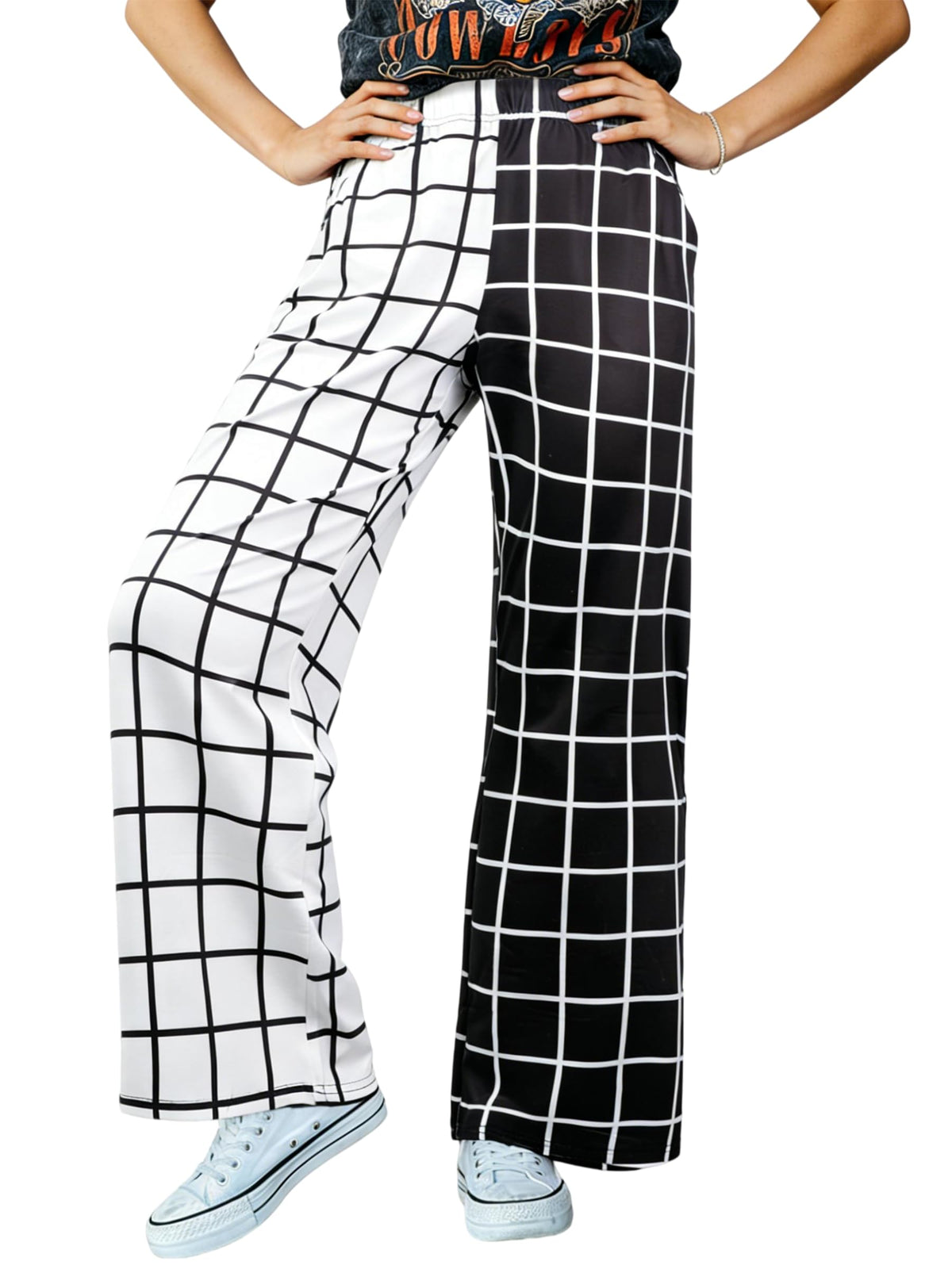 IWOLLENCE Women's Casual Loose Checkered Wide Leg Pants High Waist Straight Lounge Y2K Gingham Trousers