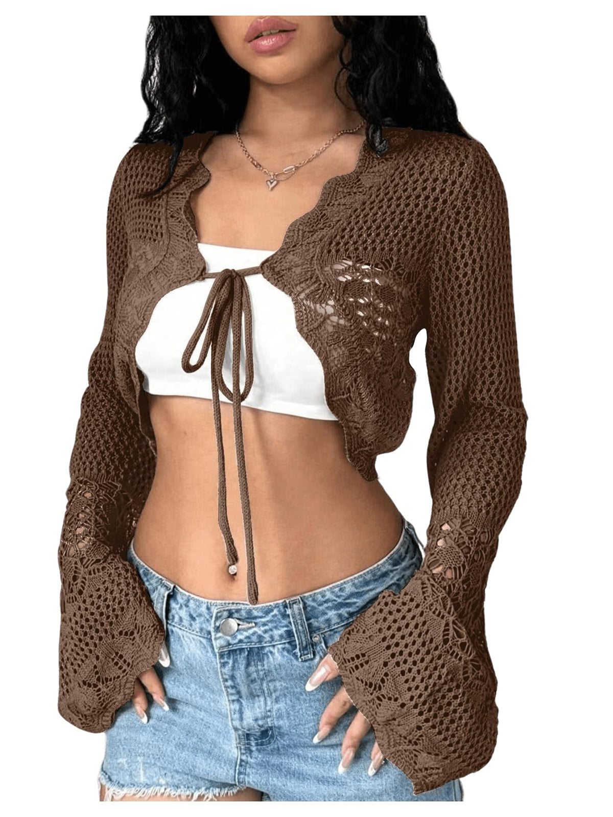 OYOANGLE Women's Crochet Tie Front Cardigan Sweater Bolero Shrug