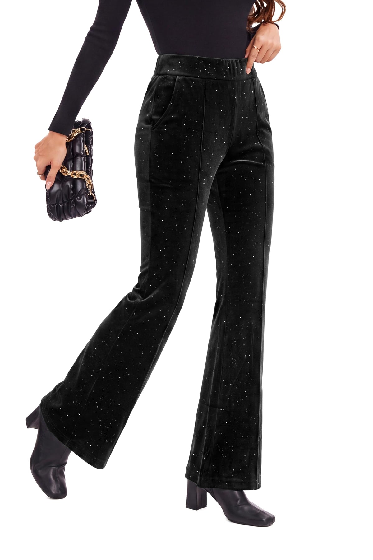 FUNYYZO Velvet Pants Women Flare Pull On Elastic Waist Holiday Outfits