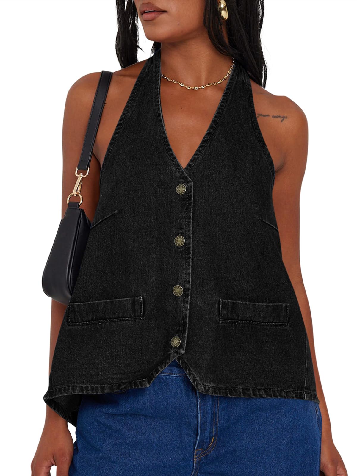 Tankaneo Womens Halter Denim Vest Top Summer Sleeveless Open Back Waistcoat