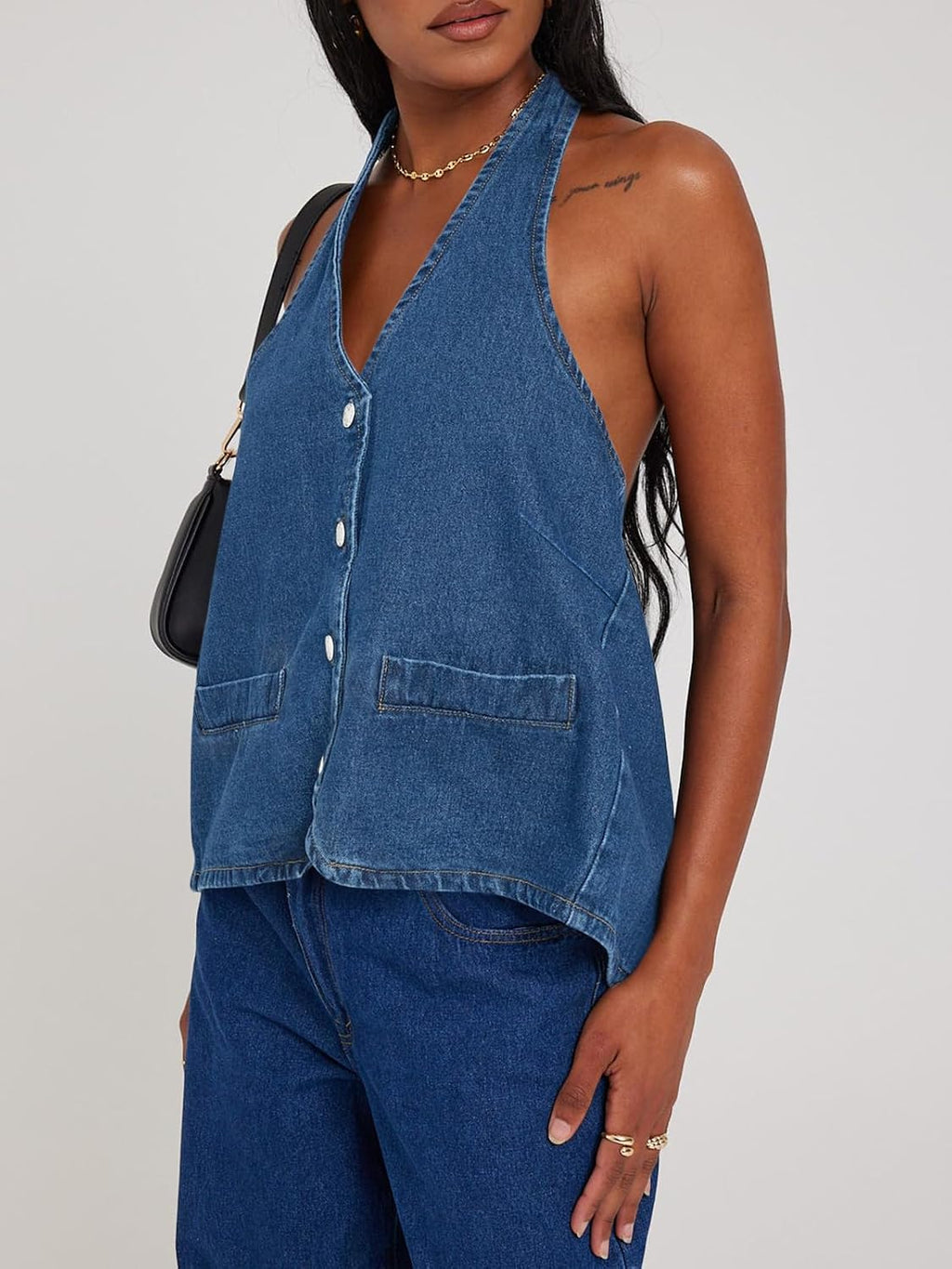 Tankaneo Womens Halter Denim Vest Top Summer Sleeveless Open Back Waistcoat