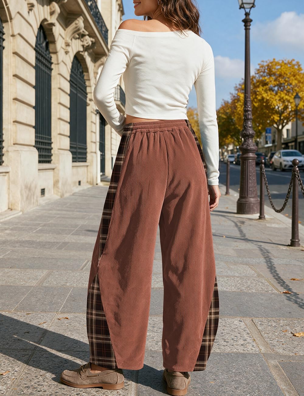 TARSE Womens Corduroy Barrel Pants with Pockets Y2K Plaid Patchwork Panels