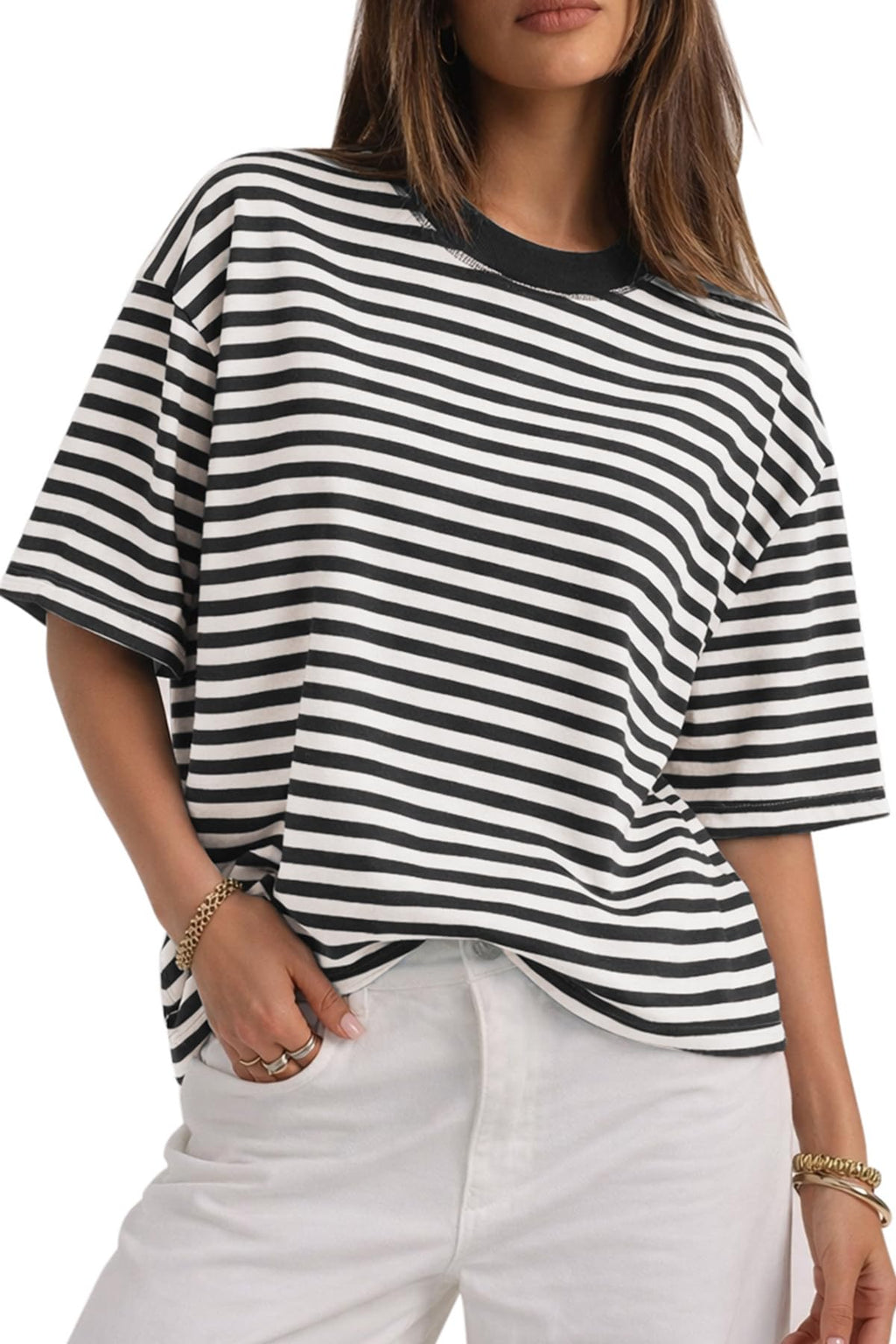 CHYRII Womens Oversized Striped T Shirts Short Sleeve Fashion 2026 Casual Crewneck Summer Y2K Clothes
