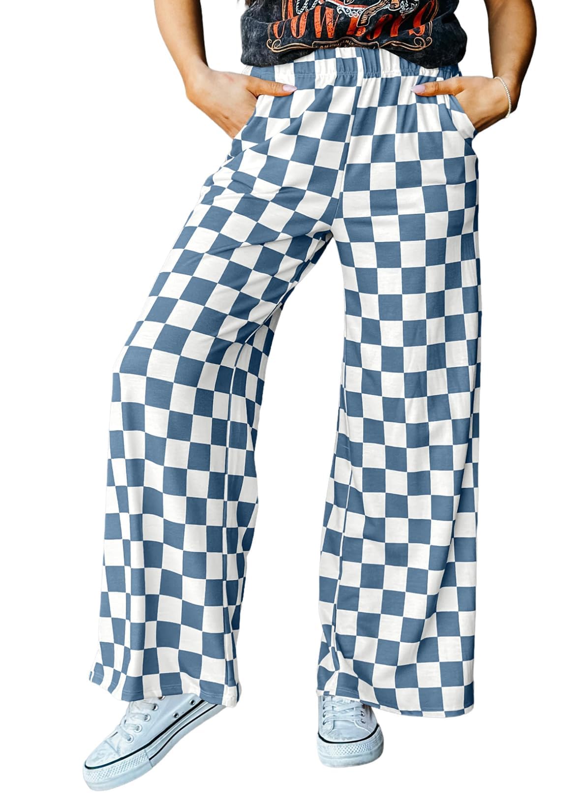 IWOLLENCE Women's Casual Loose Checkered Wide Leg Pants High Waist Straight Lounge Y2K Gingham Trousers