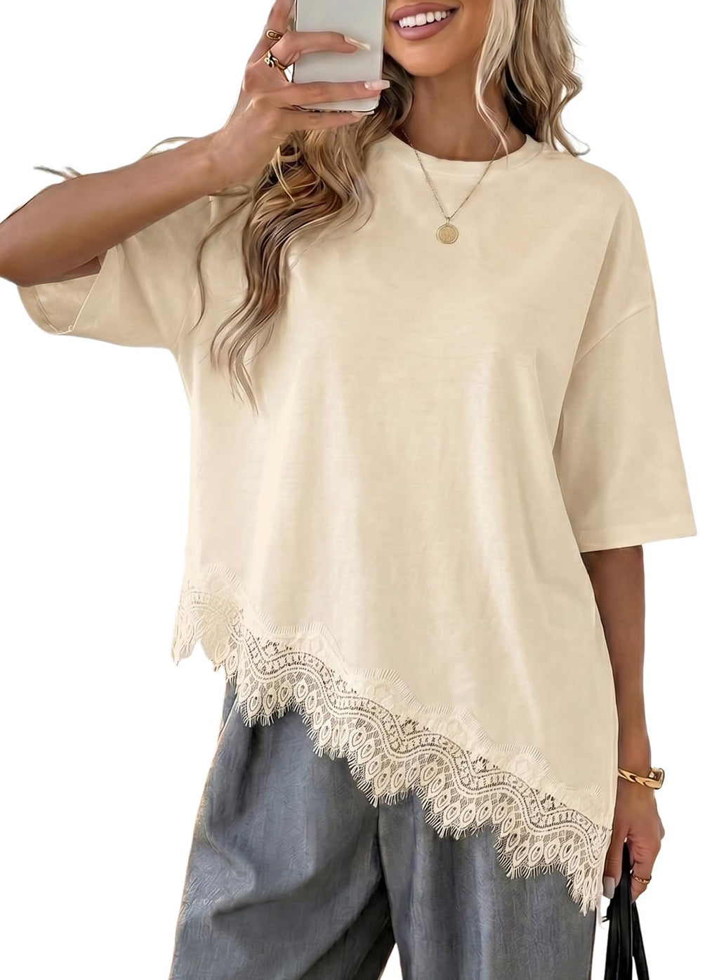 LOLONG Women Casual Crew Neck Half Sleeve Shirts Asymmetrical Lace Hem Tops
