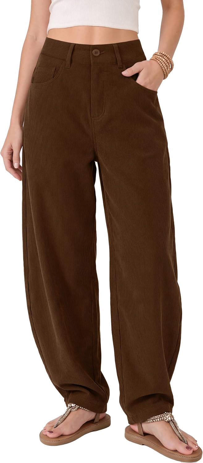 KICZOY Womens Corduroy Barrel Pants Mid Rise Baggy Wide Leg Work Trousers