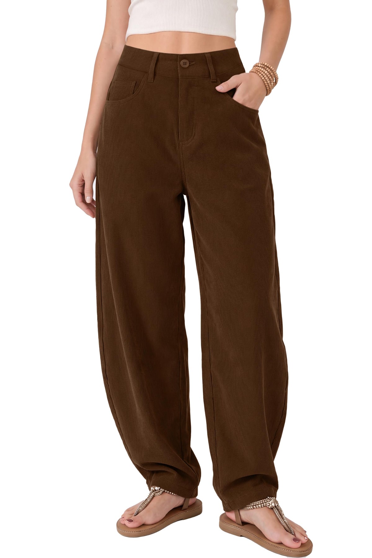 KICZOY Womens Corduroy Barrel Pants Mid Rise Baggy Wide Leg Work Trousers