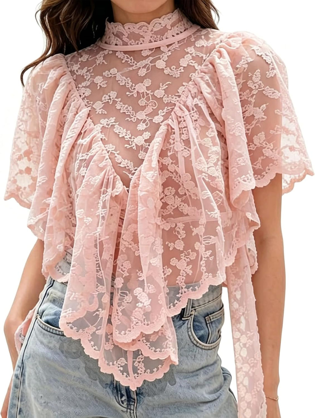 Womens Boho Flowy Lace Shirt Sheer Ruffle Flare Sleeve Casual Loose See Through Cover Up Top Blouse Summer Beachwear