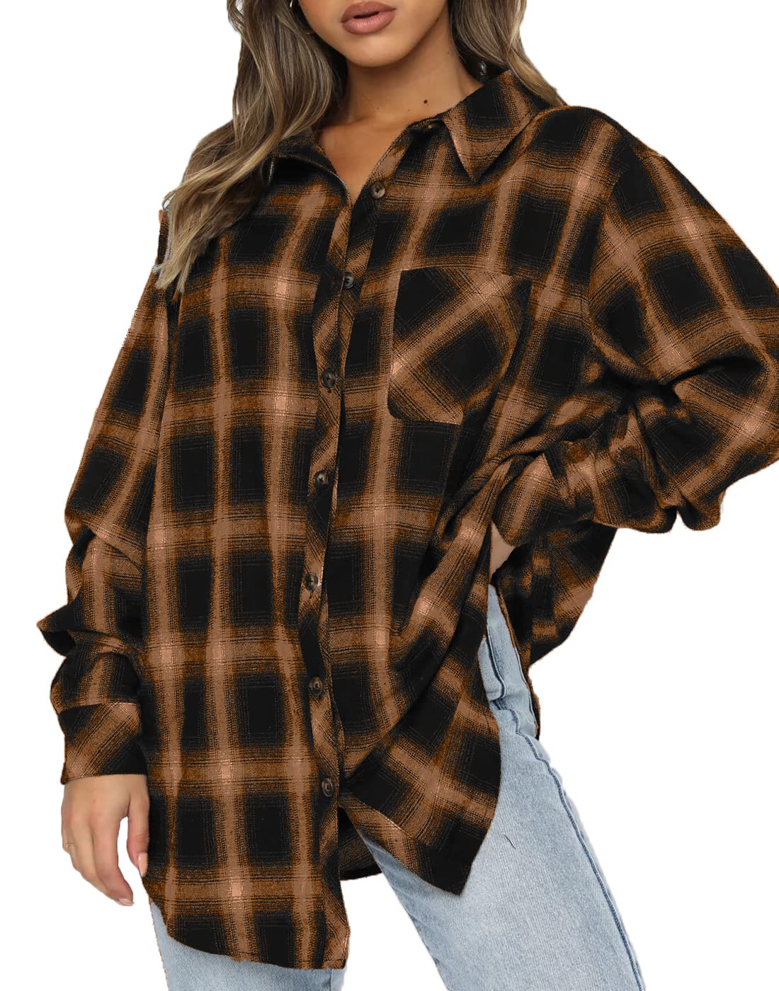CHYRII Womens Button Down Flannel Shirts Long Sleeve Plaid Shackets Business Casual Blouse Top