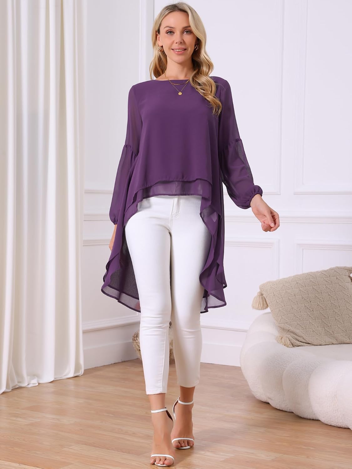 Seta T Women's High Low Tops Lantern Sleeve Dressy Casual Chiffon Blouse