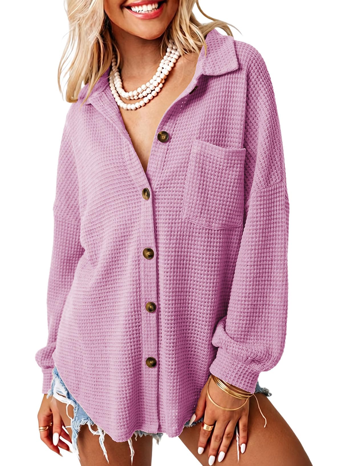 Dokotoo Womens Waffle Knit Shacket Jacket Casual Button Down Shirts Tops