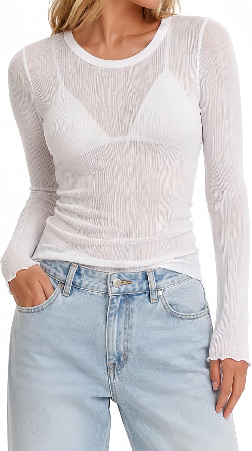 Sunzel Women's Sheer Long Sleeve Fitted Mesh Layering Top for Bralette