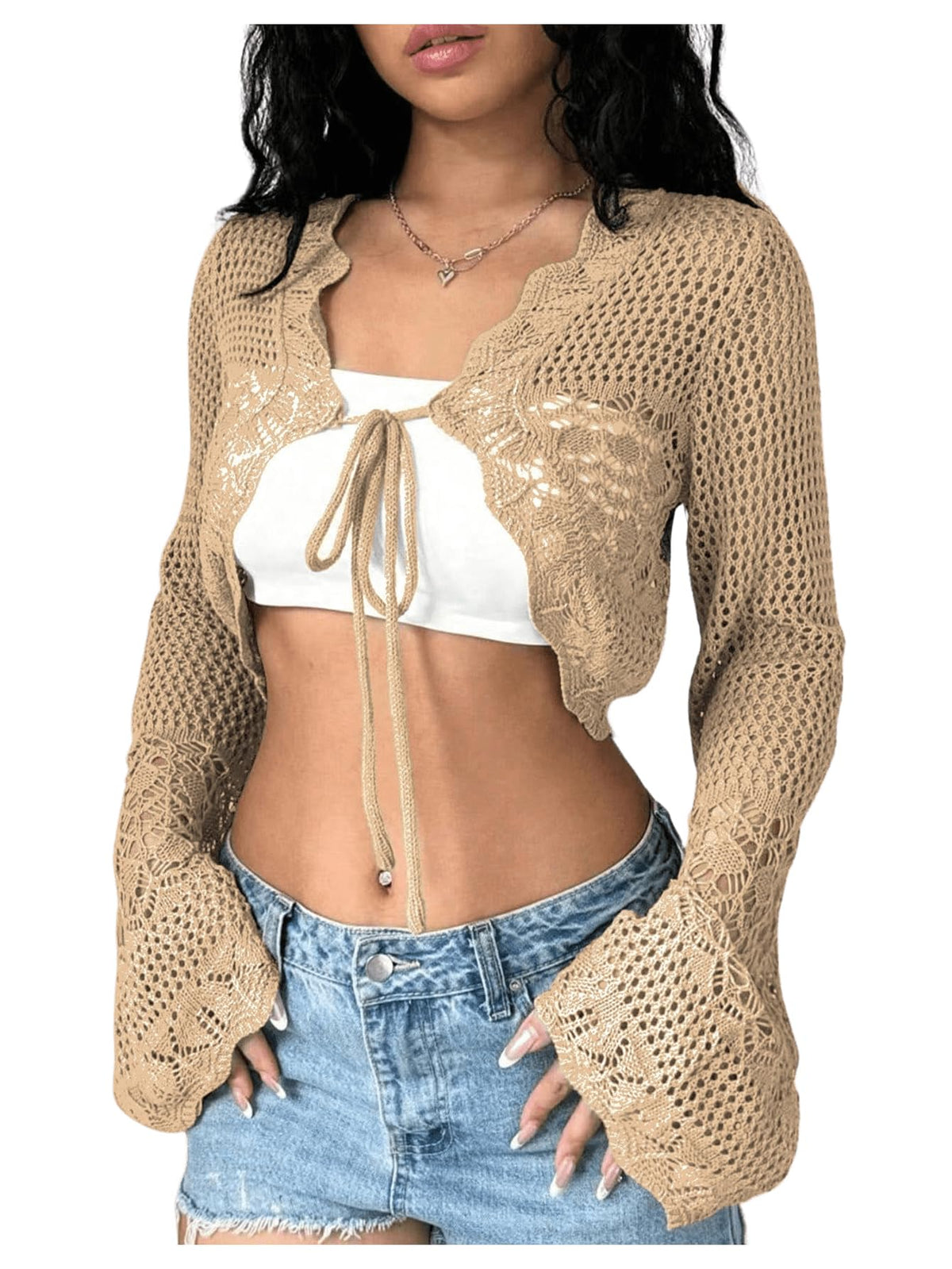 OYOANGLE Women's Crochet Tie Front Cardigan Sweater Bolero Shrug