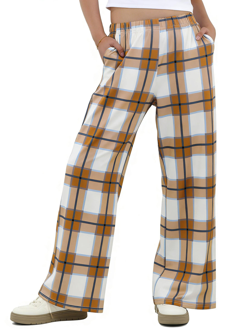 IWOLLENCE Women's Casual Loose Checkered Wide Leg Pants High Waist Straight Lounge Y2K Gingham Trousers