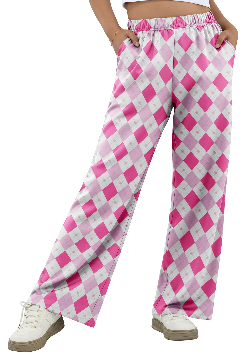 IWOLLENCE Women's Casual Loose Checkered Wide Leg Pants High Waist Straight Lounge Y2K Gingham Trousers