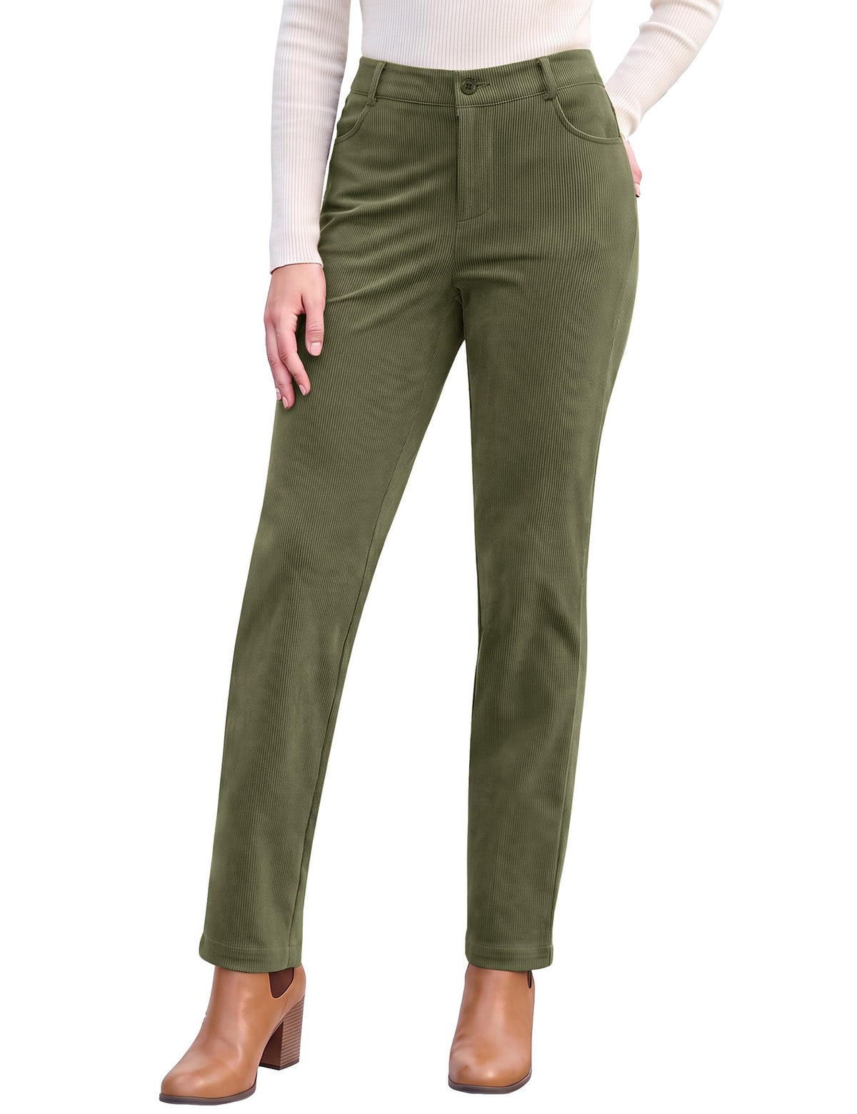 Vetinee Corduroy Pants for Women Elastic High Waisted Straight Leg Trousers