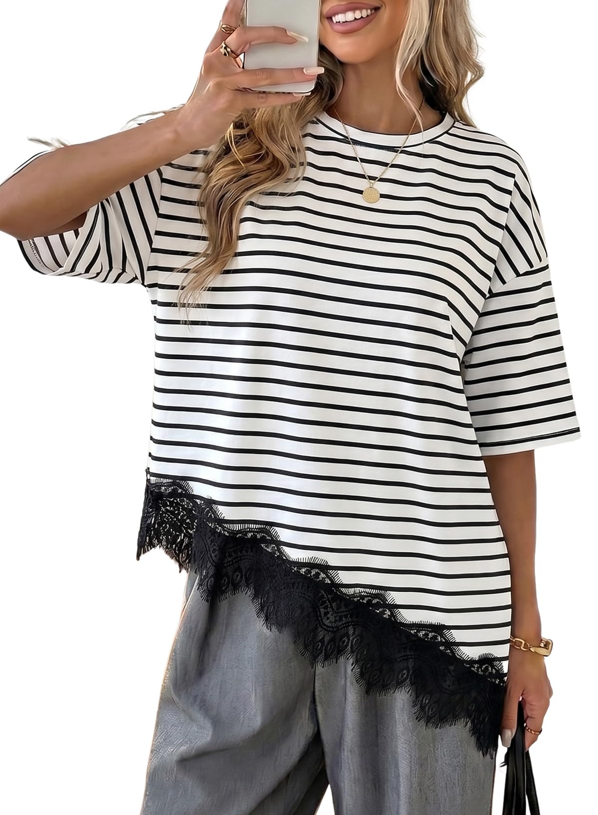 LOLONG Women Casual Crew Neck Half Sleeve Shirts Asymmetrical Lace Hem Tops