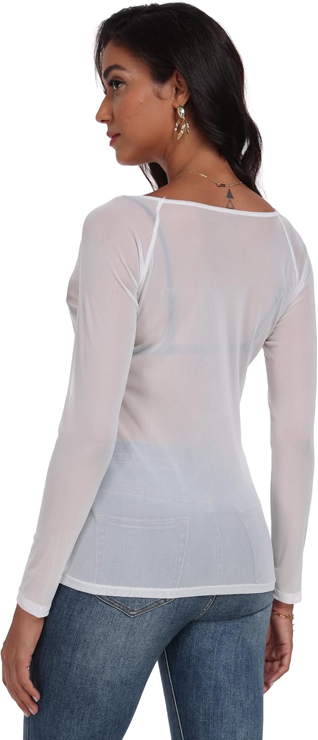 Womens Mesh Tops Long Sleeve Sheer Shirts Fitted Crewneck See Through Sexy Top Clubwear Party Club Night Blouses