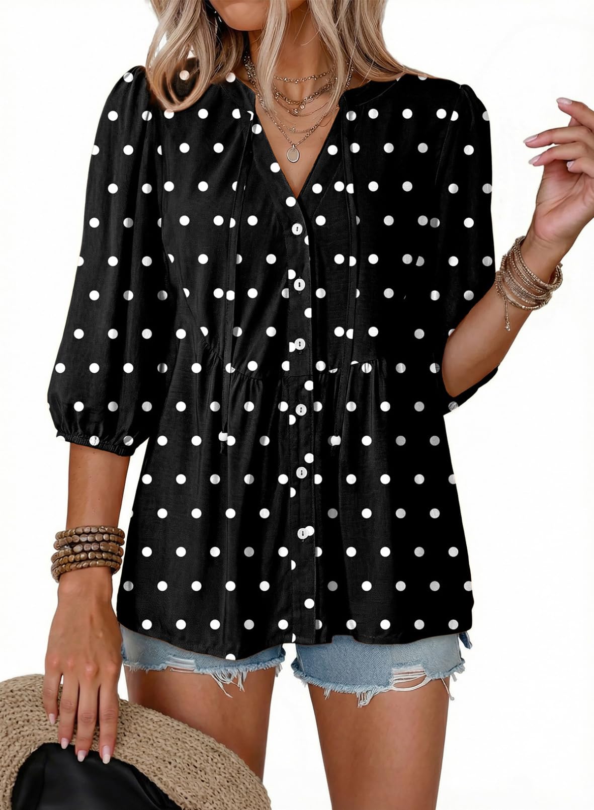 Dokotoo Womens Tops Boho Button Down V Neck Peplum Babydoll Blouses Shirts