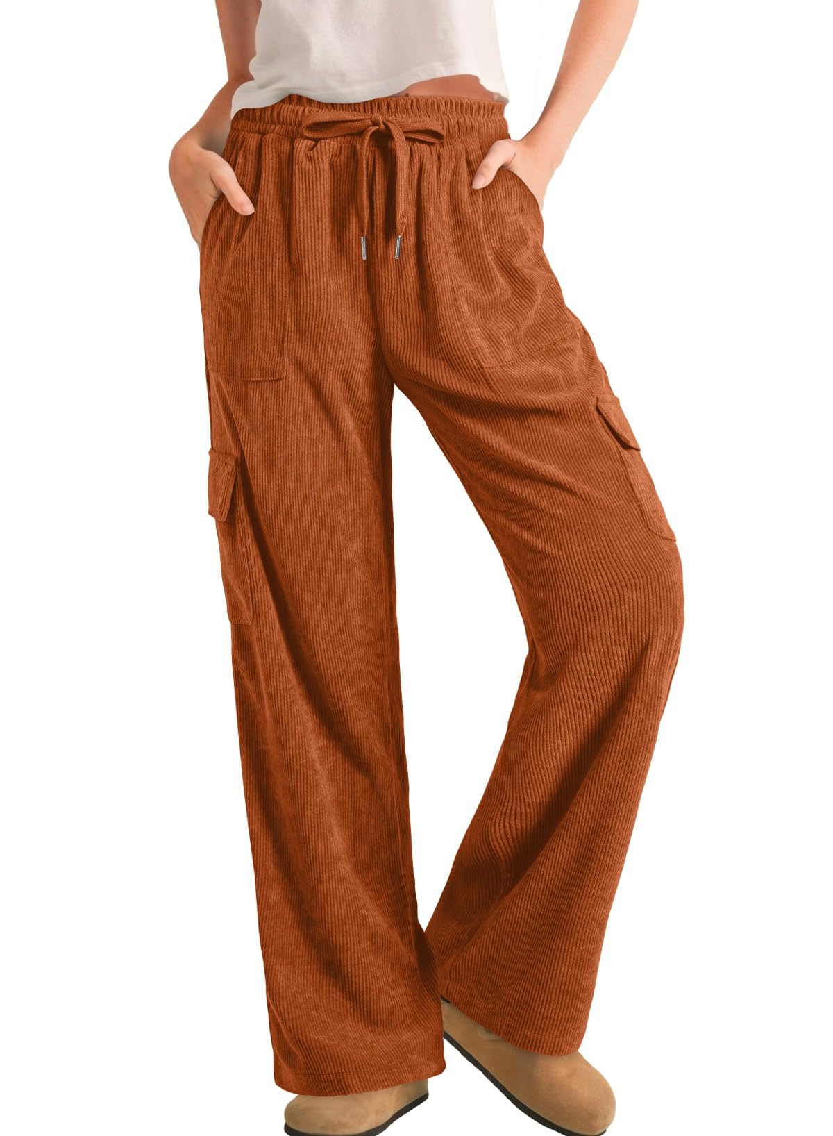 Sidefeel Womens Corduroy Pants Casual High Waisted Elastic Drawstring Cargo Loose Fit Wide Leg Pants with Pockets
