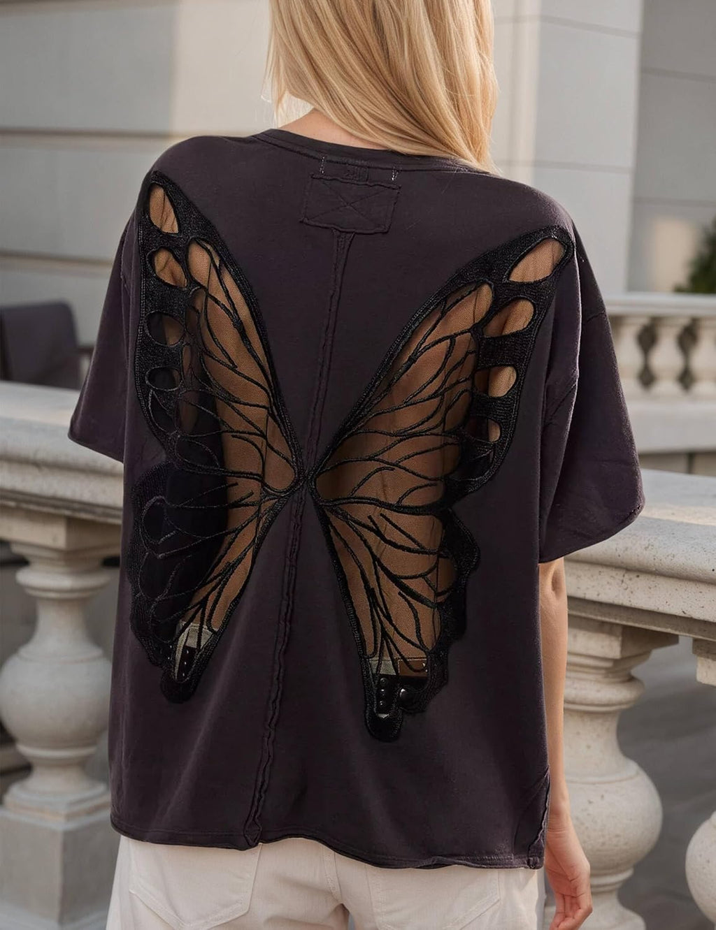 Women's Gothic Sheer Butterfly T Shirts Short Sleeve Goth Top Oversized Tee