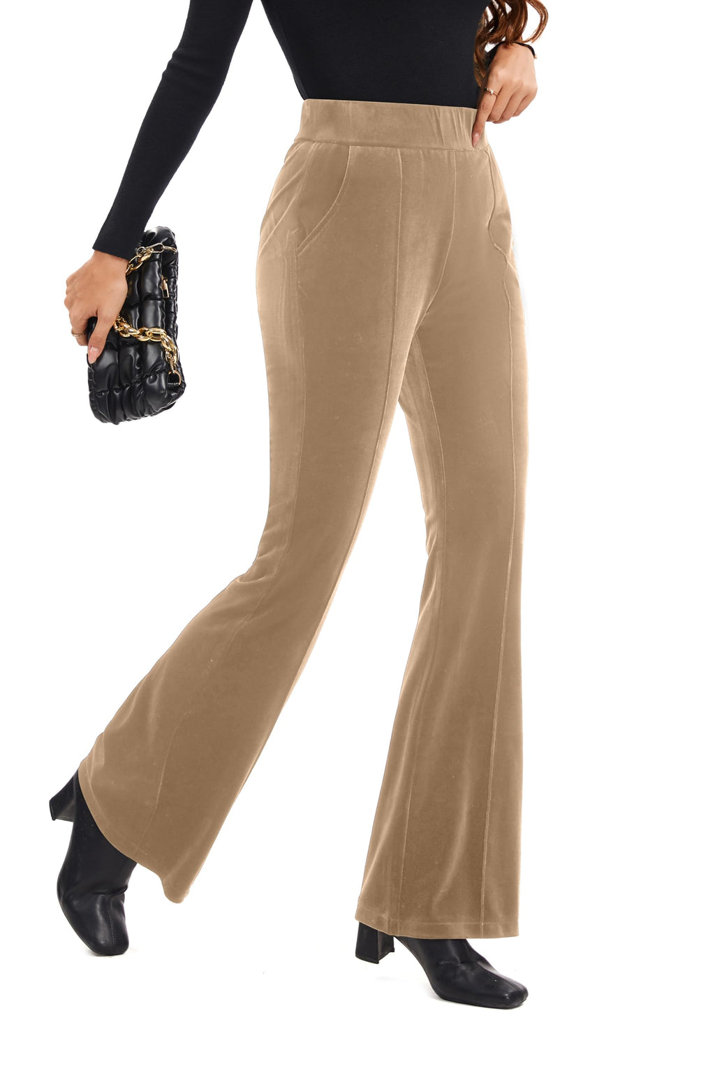 FUNYYZO Velvet Pants Women Flare Pull On Elastic Waist Holiday Outfits