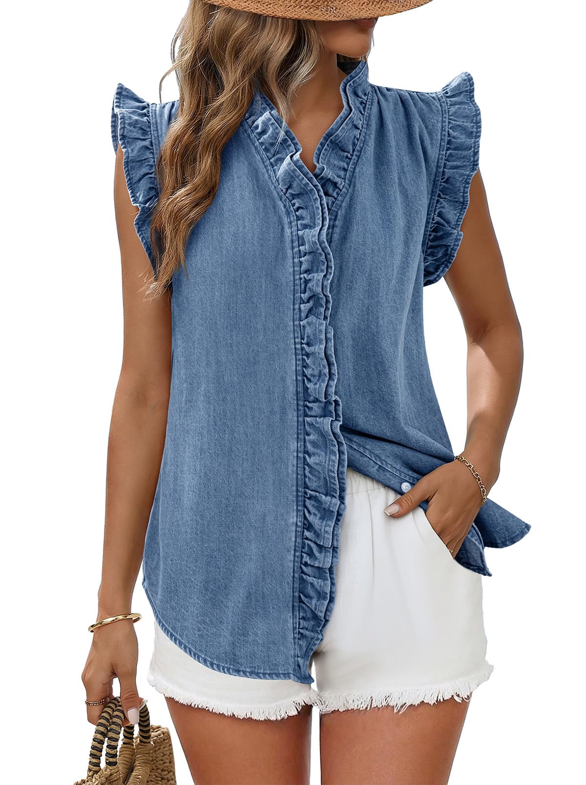 Dokotoo Denim Vest Women Sleeveless Tops Button Up Peplum V Neck Jean Vest