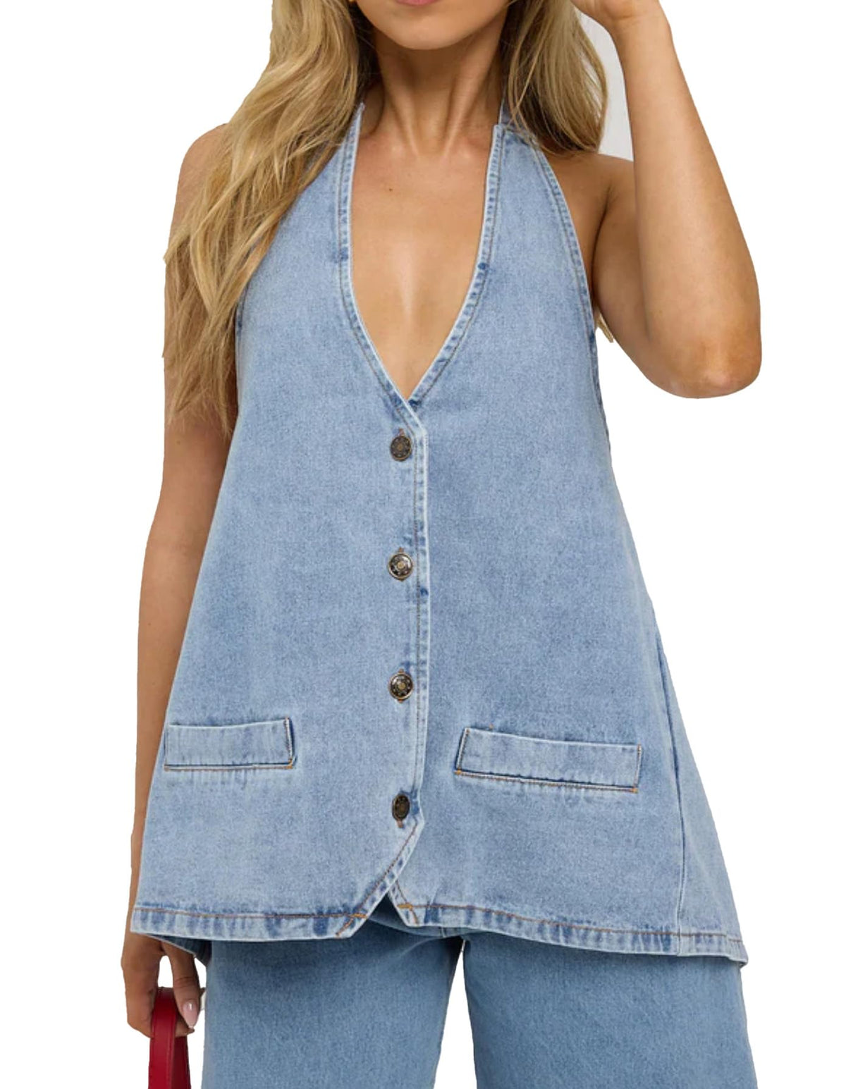 Kedera Women Halter Denim Vest Top V Neck Button Up Backless Jean Tank Top
