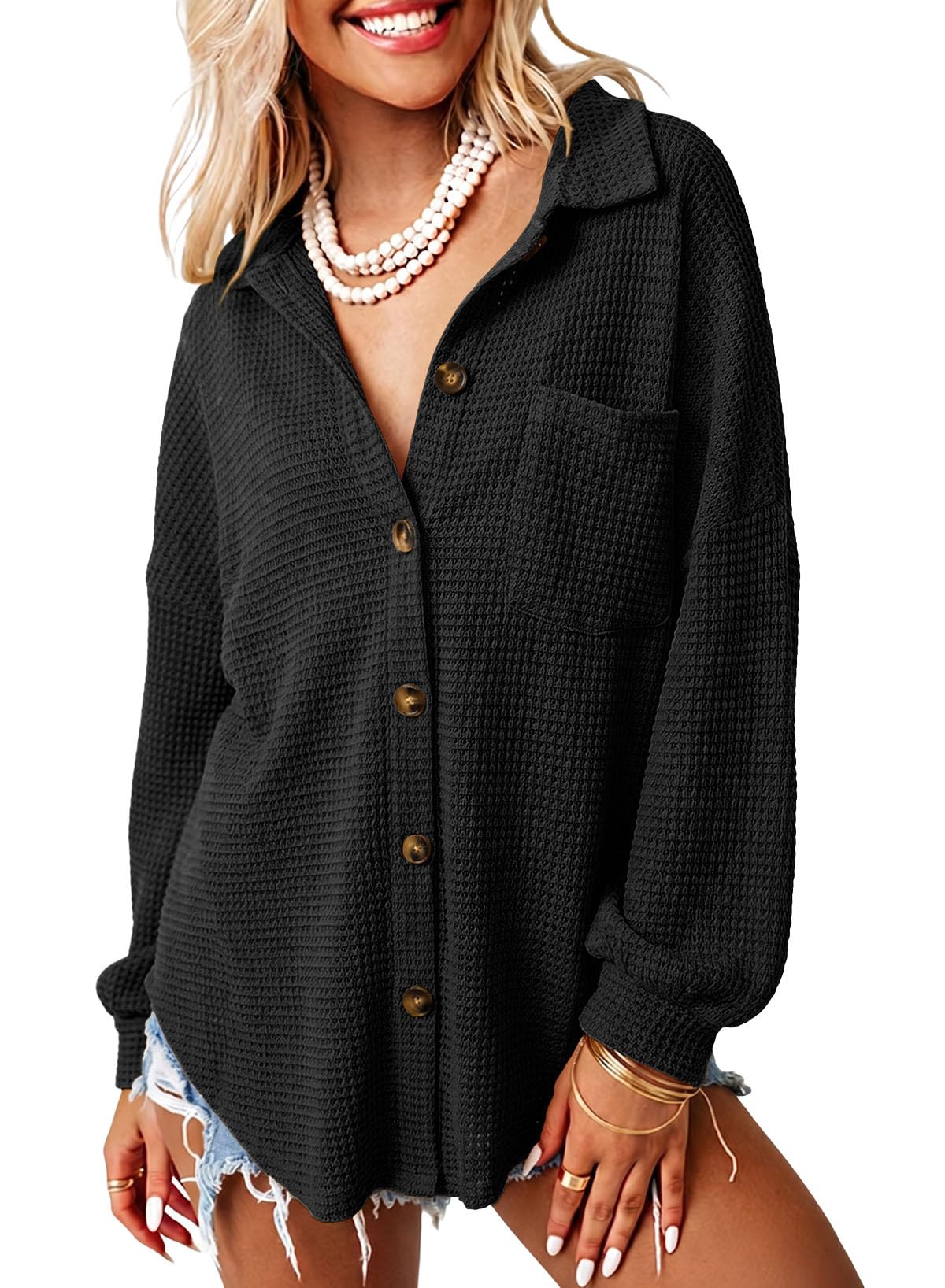 Dokotoo Womens Waffle Knit Shacket Jacket Casual Button Down Shirts Tops